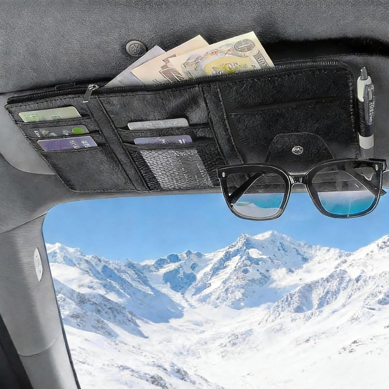 Car Visor Organizer 2PCS, Black Zipper Sun Visor Storage Bag for Cards, Sunglass
