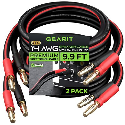 14 AWG Speaker Cable Wire with Banana Plugs (2 Pack, 9.9 Feet - 3 Meter) 
