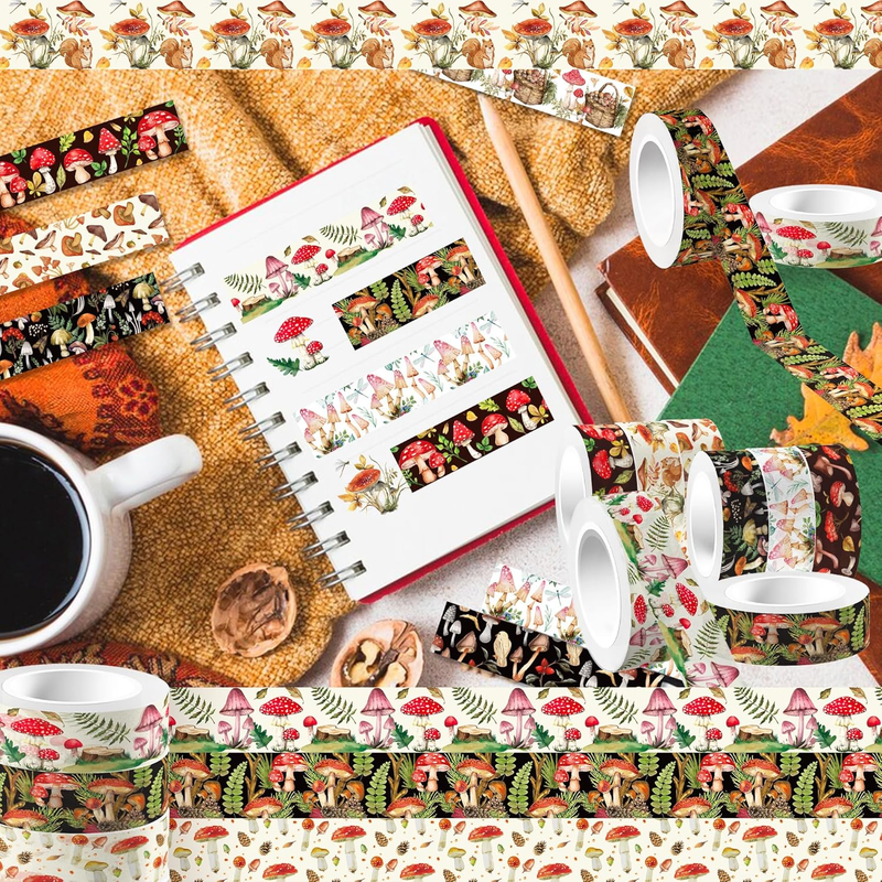 12 Rolls Mushroom Washi Tape Set,Vintage Washi Tape Decorative Paper Stickers De