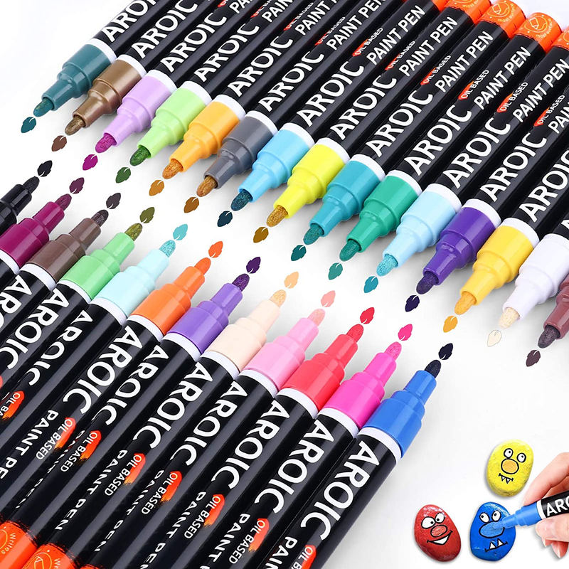 Paint Markers, 28 Colors Oil-Based Waterproof Paint Marker Pen Set. Posca Paint