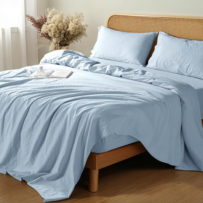 100% French Linen Sheets - Queen Size Bed Sheets, Breathable & Cooling Pure Linen Sheets,Soft Durable and Tear Resistant -16 Inch Deep Pocket - 4Pcs (Dusty Blue, Queen)