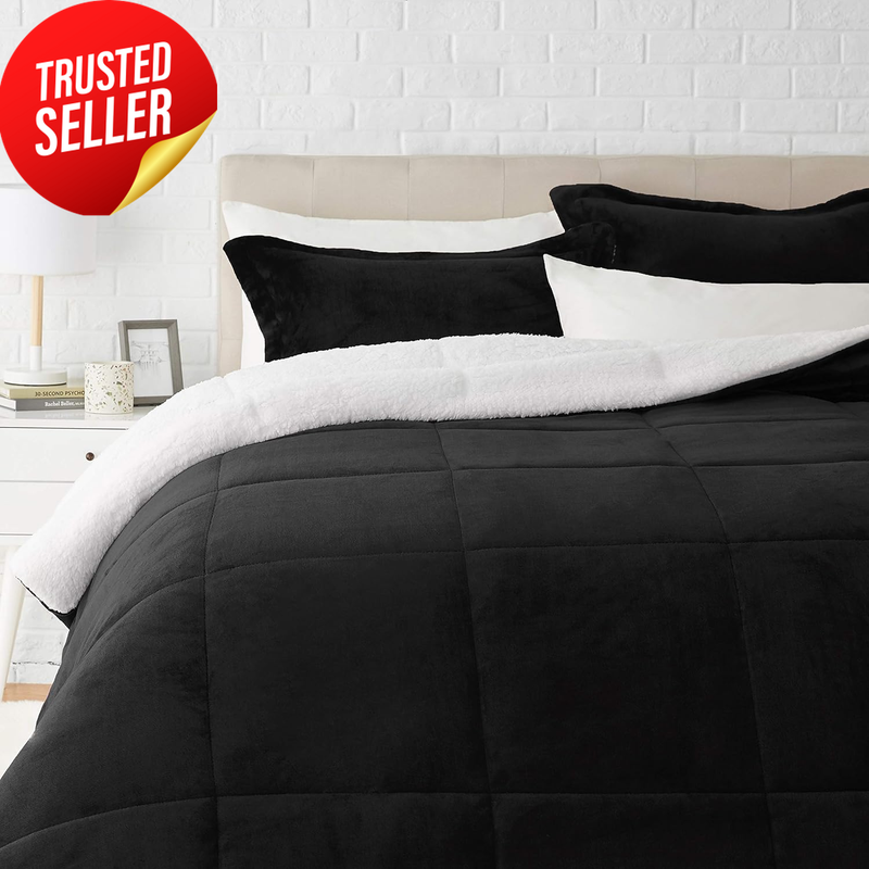 Comforter Bed Set King Black Micromink Sherpa 3-Piece