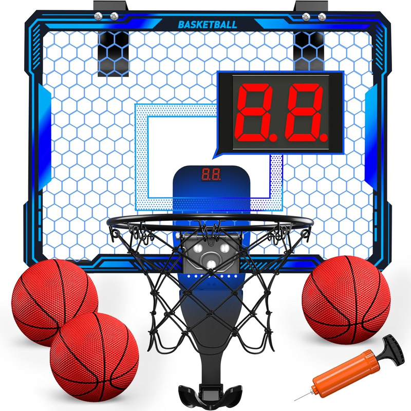 Basketball Hoop Indoor, Mini Basket Ball Hoop with 7 LED Lighting, Scoreboard, over Door Basketball Hoop with 3 Modes, Volume Adjustable, Foldable, Basketball Toys Gifts for Kids Adults (Blue)