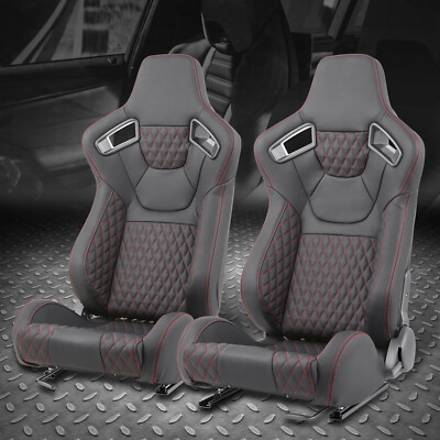 Набор универсальных гоночных сидений из черного винила с красной строчкой, откидывающихся назад с ползунками