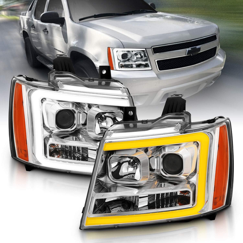 for 2007-2013 Chevy Avalanche/Suburban/Tahoe Switchback LED Turn Siganl Tube Chrome Projector Headlights Assembly Pair - Passenger and Driver Side