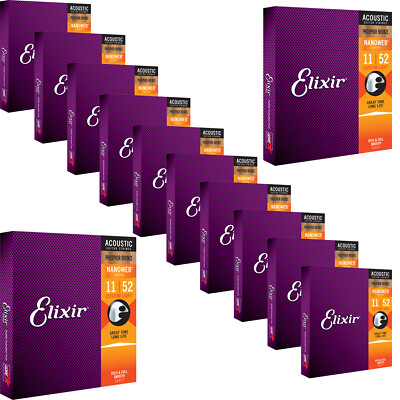 12 Sets Elixir 16027 NANOWEB Phosphor Custom Light Acoustic Guitar Strings 11-52