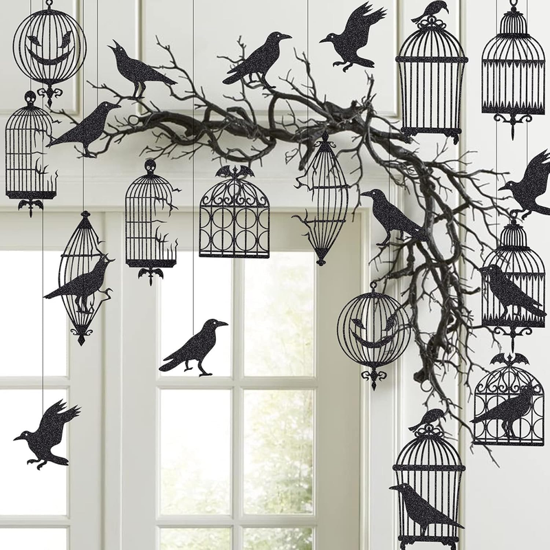 Gothic Style Glitter Black Crow Cage Decor Set, Hanging Raven Bird Ornament, Ban