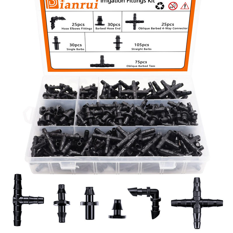 Drip Irrigation Fittings Kit Barbed Connectors Parts 1/4'' Barbed 290 PCS NEW