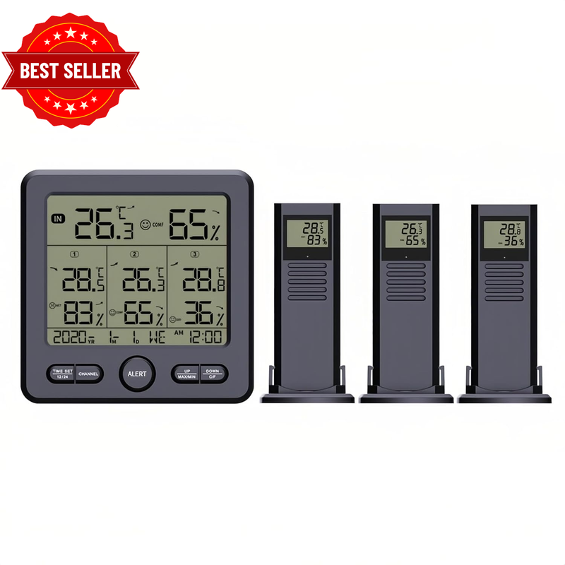 Digital Thermometer Hygrometer with 3 Wireless Sensors LCD Backlight Temperature