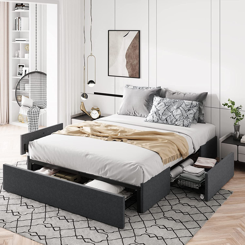 With 3 Storage Drawers, Fabric Upholstered,