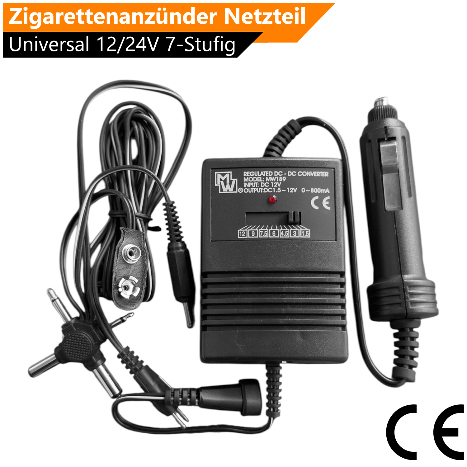 KFZ Universal Auto Ladegerät 12V / 24V PKW DC Wandler 24W Netzteil + 6 Adapter