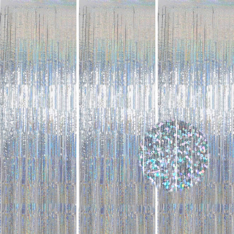 3 Pack 3X8.2Ft Tinsel Foil Fringe Curtains Backdrop Streamer Silver Curtain for
