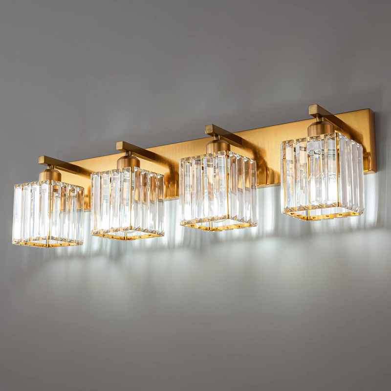Modern Bathroom Vanity Light 4-Lights Modern Gold Brushed Brass Finish Crystal Bathroom Wall Light Bathroom Vanity Light Fixtures
