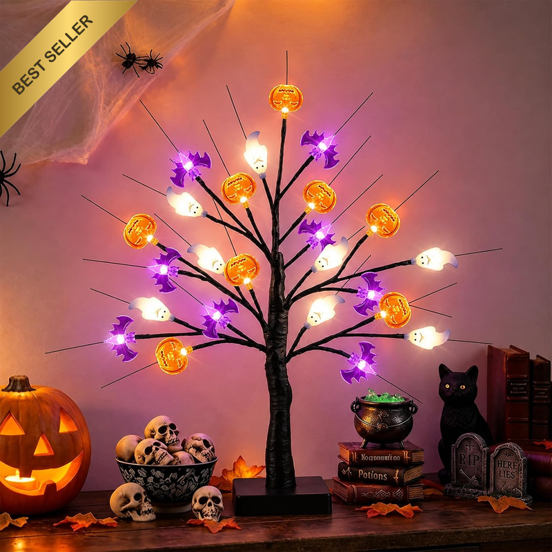 Halloween Tree-Shaped Light Decoration, 24 Lights, Orange and Purple LED, Tablet