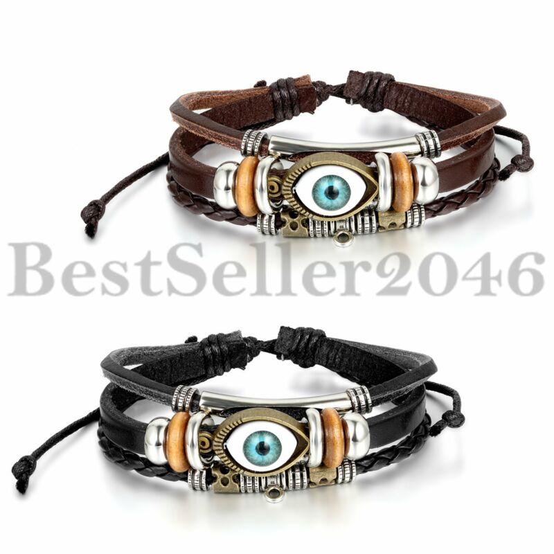 Handmade Men Women Tribal Leather Bracelet W/blue Evil Eye Adj Cuff Wristband