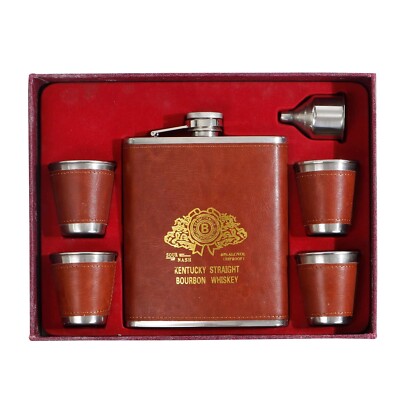 Stainless Steel Leather Wrap Hip Flask With 4 Shot Glasses & Funnel 18 Oz 500 ML