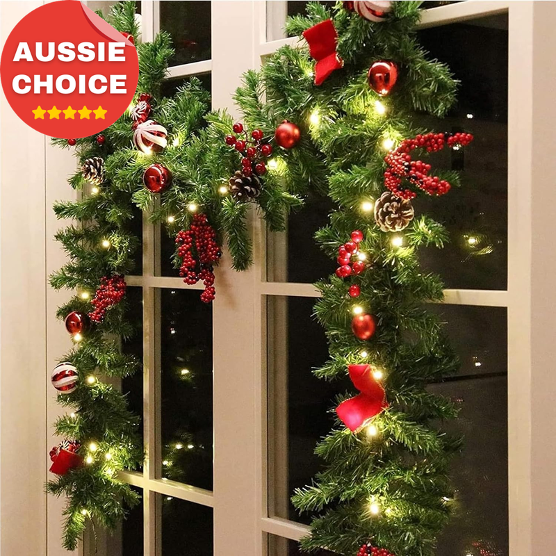 270CM Pre-Lit Christmas Garland 50 LED Lights Pinecones Berries Baubles Decor