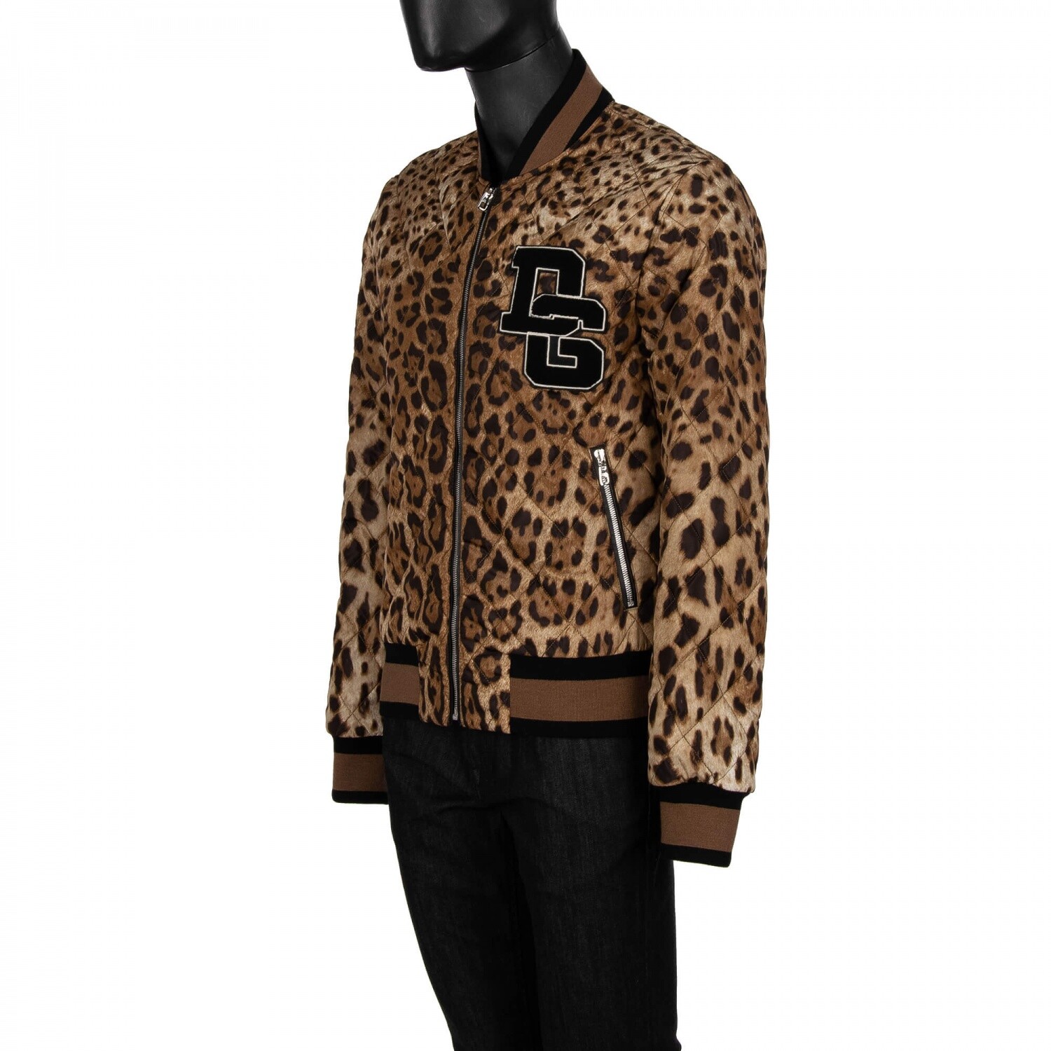 Pre-owned Dolce & Gabbana Leopard Print Quilted Bomber Jacket Dg Logo Brown Black 09026