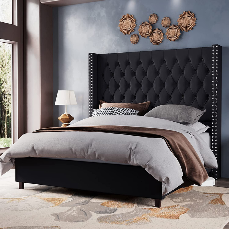 Queen Size Upholstered Bed Wingback Headborad Velvet Tufted