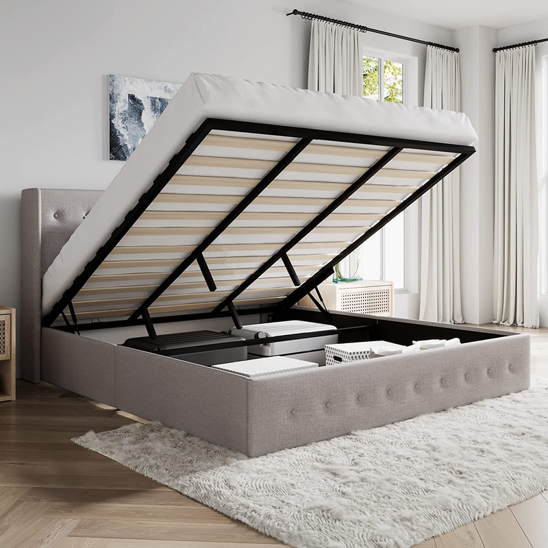 King Size Lift up Storage Bed/Button Tufted Wingback Headboard/Hydraulic Storage