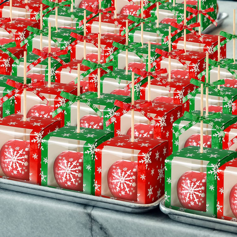 50 Set Christmas Kraft Candy Apple Boxes with Hole Sticks and Ribbons 4X4X4'' Wi