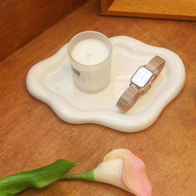 Ceramic Jewelry Tray and Trinket Dish - Decorative Cloud Design, White