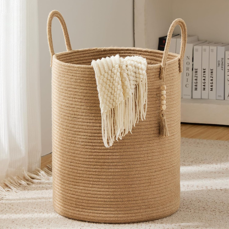 Jute Rope Laundry Hamper Basket, 58L Tall Woven Collapsible Baskets for Blanket