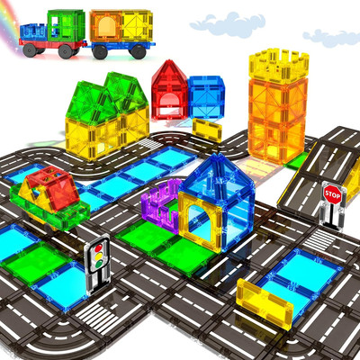 Magnetic Tiles Road Sets with Car, Magnetic Building Blocks Toys for 3+ Year Old