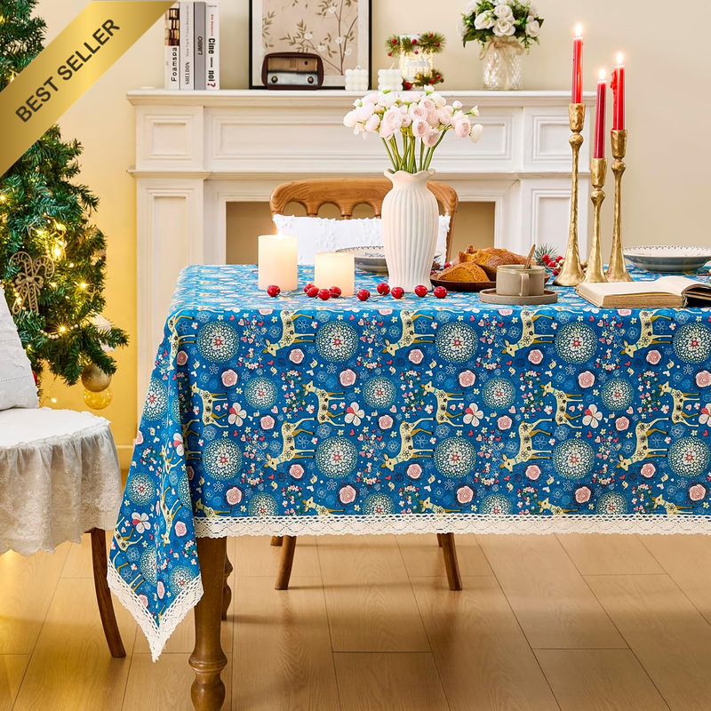 150x220CM Linen Cotton Blue Reindeer Tablecloth Spill Proof Xmas