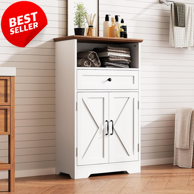 Farmhouse Floor Storage Cabinet Barn Door Drawer Adjustable Shelf White - US