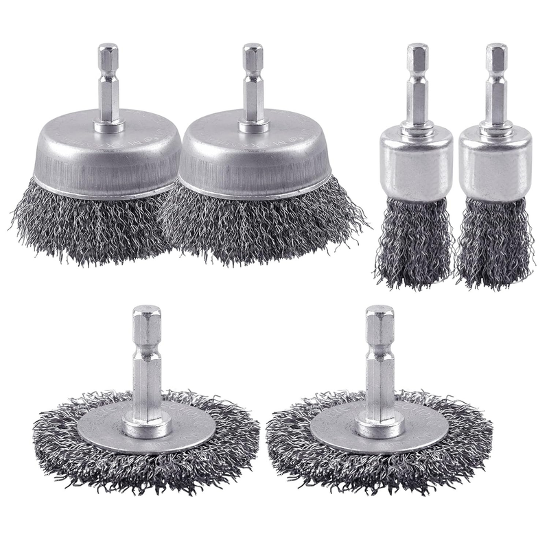 6 Pack Carbon Steel Drill Wire Brush, 1/4-Inch Hex Shank, Cup/ Wheel/ Pen Brush