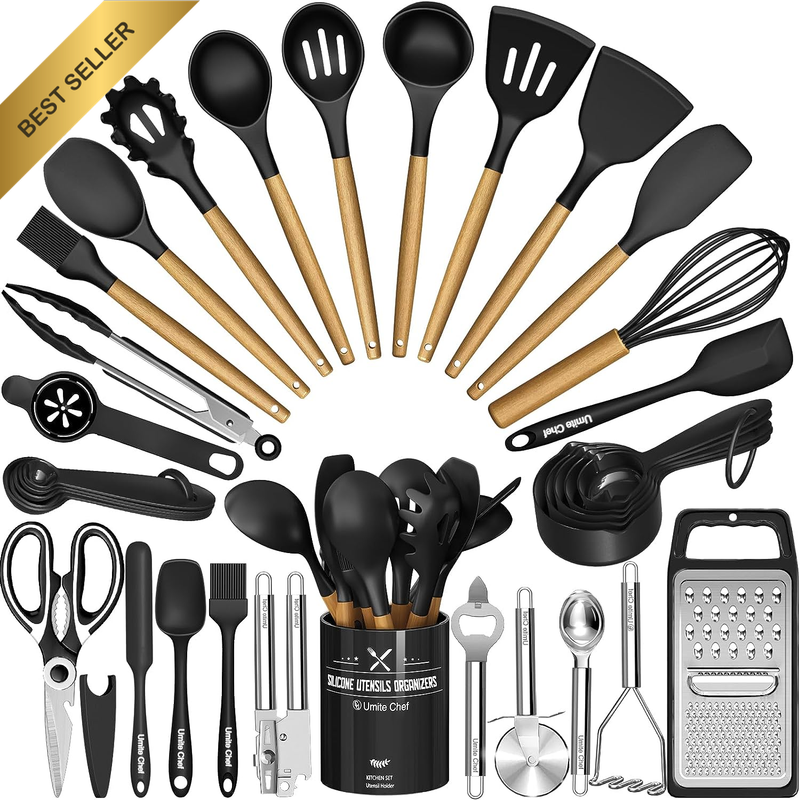 34PCS Silicone Cooking Utensils Set Holder Nonstick Heat Black Wood Handle