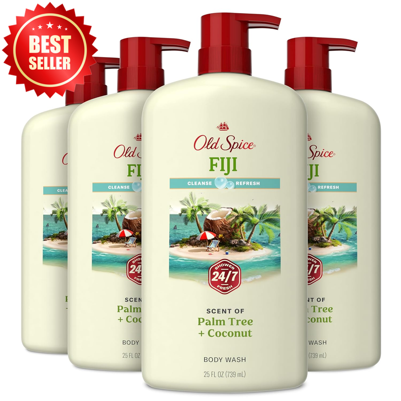4 PK 24/7 Shower Men's Body Wash 25 Oz Long Scent Fiji Coconut B3 Gentle US