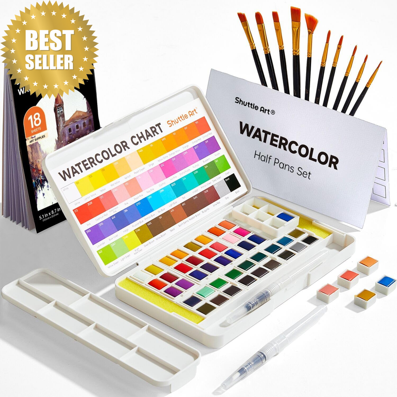 Watercolour Paint Set, 48 Colours Watercolour Paint in Half Pans with 2 Water Br