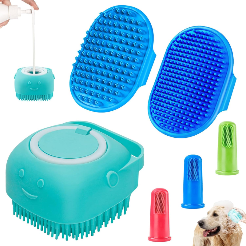 Dog Bath Brush Set 6 Pcs Shampoo Dispenser Scrubber Grooming Pet Toothbrush Cat