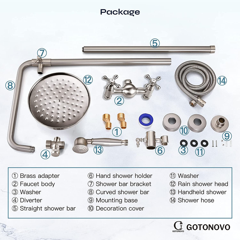 Brushed Nickel Brass Exposed Shower Fixture Set 8 Rain Shower Head 2 Double Knob