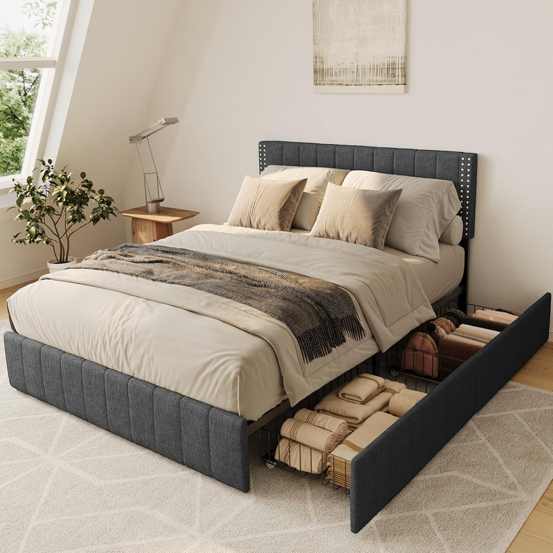 S With 4 Storage Drawers On Wheels And Headboard Adjustable, Fits