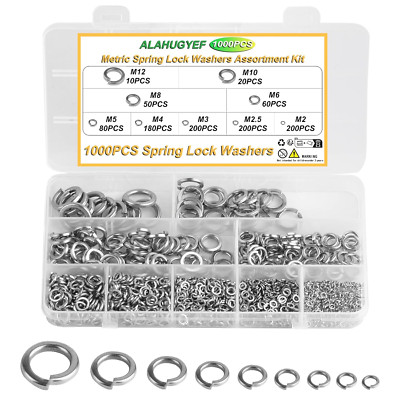 Split Lock Washers Assortment Kit, 1000 Pack Stainless Steel Spring Lock Washers