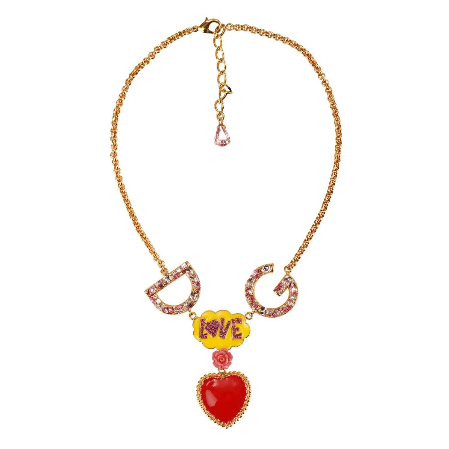 Колье-цепочка Dolce & Gabbana с кристаллами и логотипом Dg в виде сердца и розы Золотисто-красный