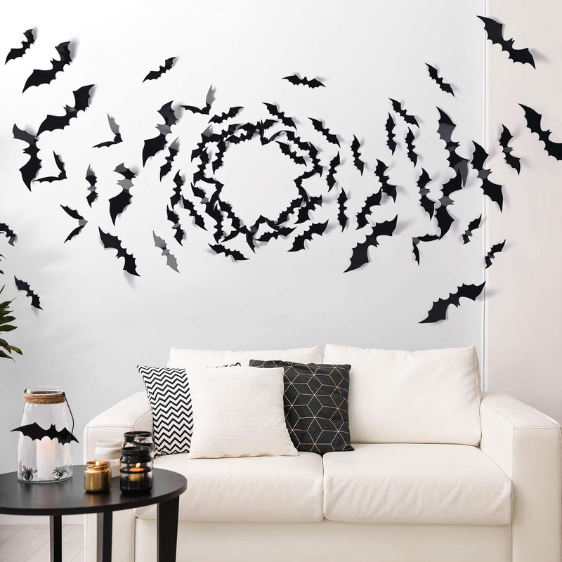 Halloween 3D Bats Decoration 60pcs, 4 Different Sizes PVC Scary Black Bat Sticke