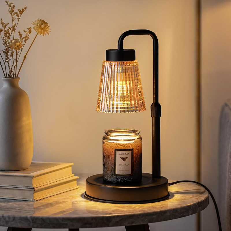 Candle Warmer Lamp with Timer Dimmable, Modern Black Glass Shade Table Lamp, Sce