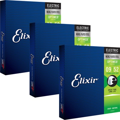3 Sets Elixir 19007 OPTIWEB Electric Guitar Strings, 7-String Super Light 9-52