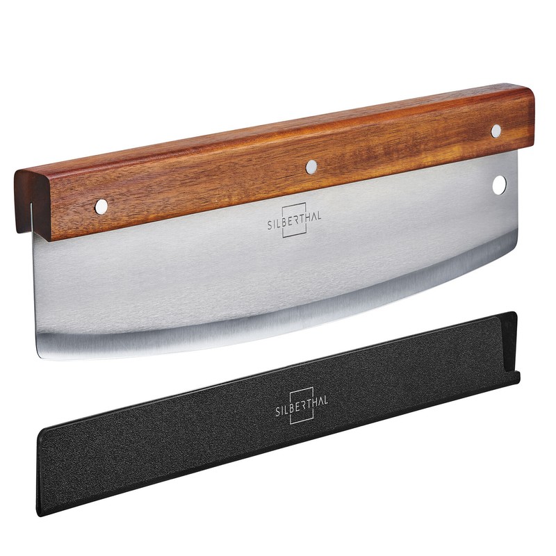 Pizza Wiegemesser - Profi Pizzaschneider - Mit Klingenschutz - Holzgriff