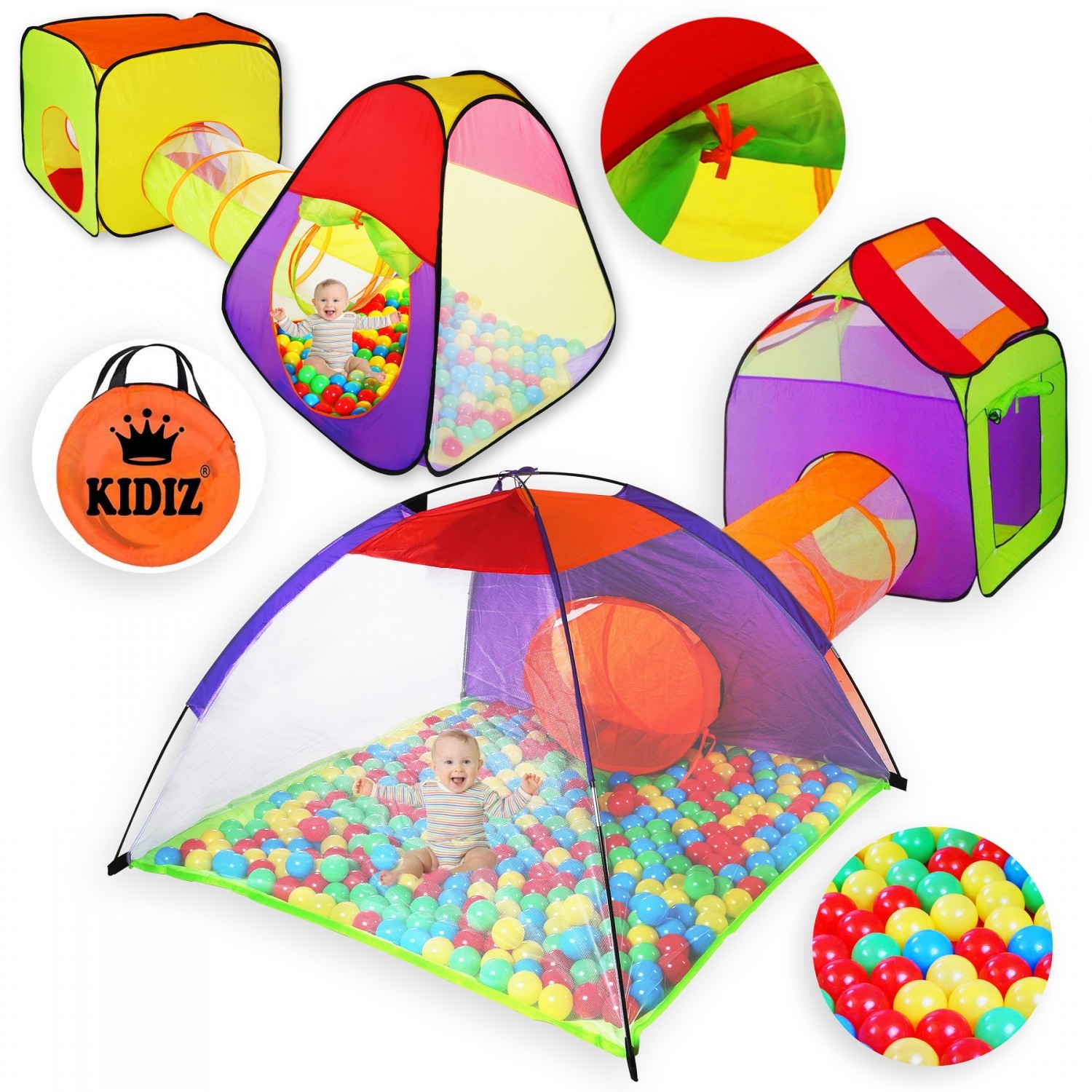 KIDIZ® Spielzelt Tunnel 200 Bälle Tasche Kinderzelt Bällebad Spielhaus Babyzelt