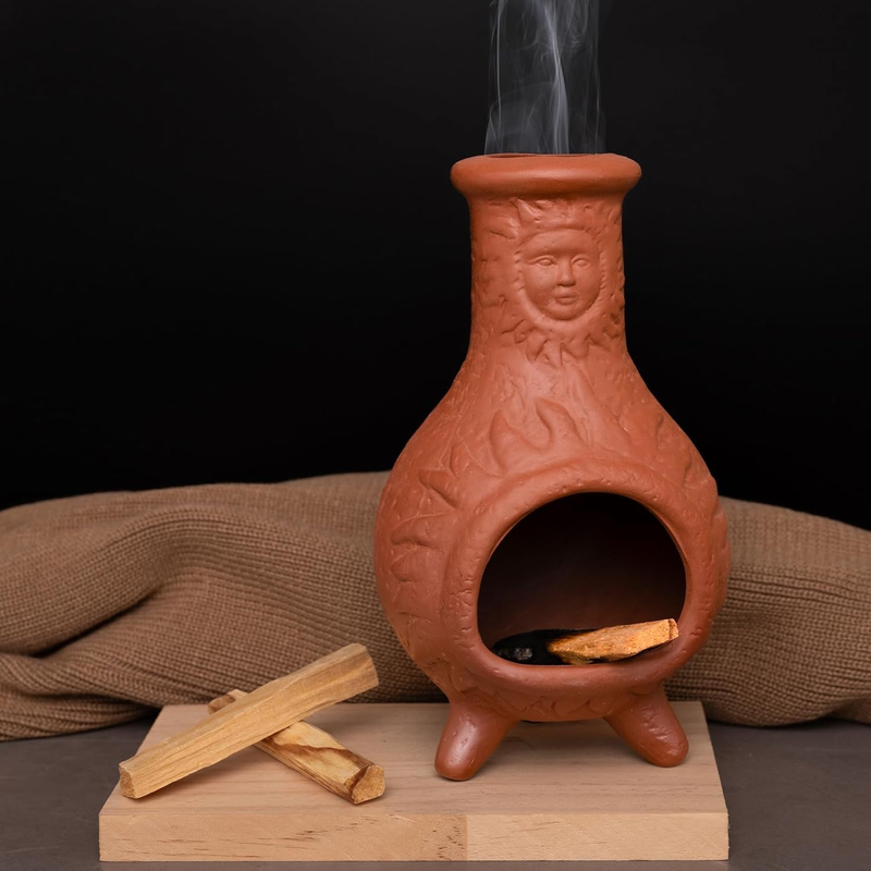 Handcrafted Terracotta Palo Santo Holder with Sun Face Design - Mini Chiminea In