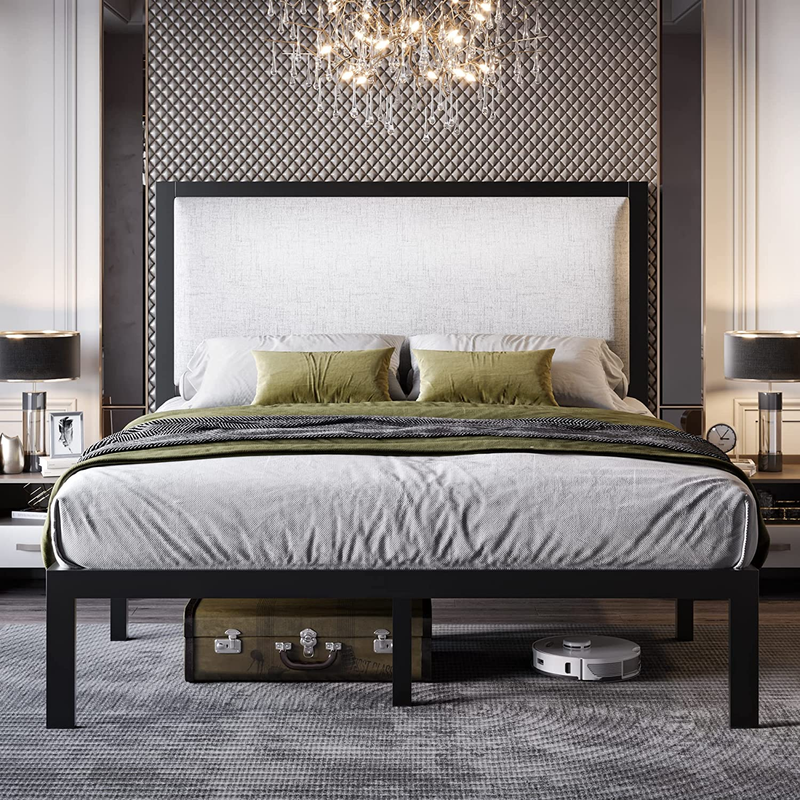With 47'' Tall Upholstered Headboard, High Metal Bed Frame With