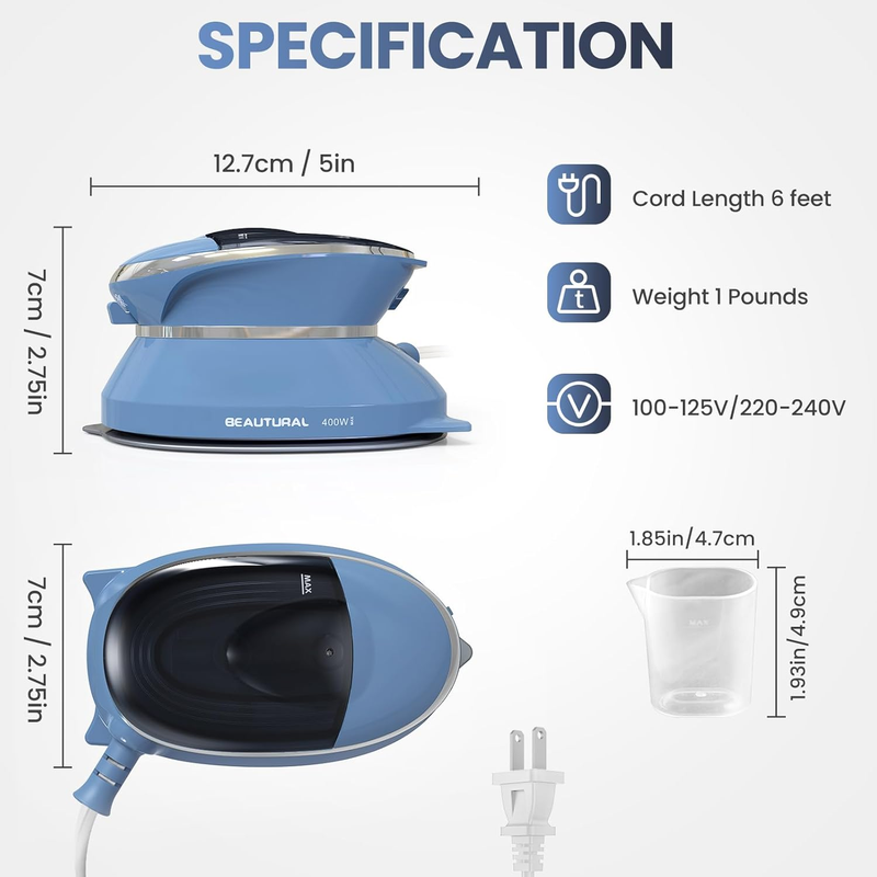 Mini Travel Steam Iron for Clothes with Dual Voltage, Non-Stick Soleplate, One T