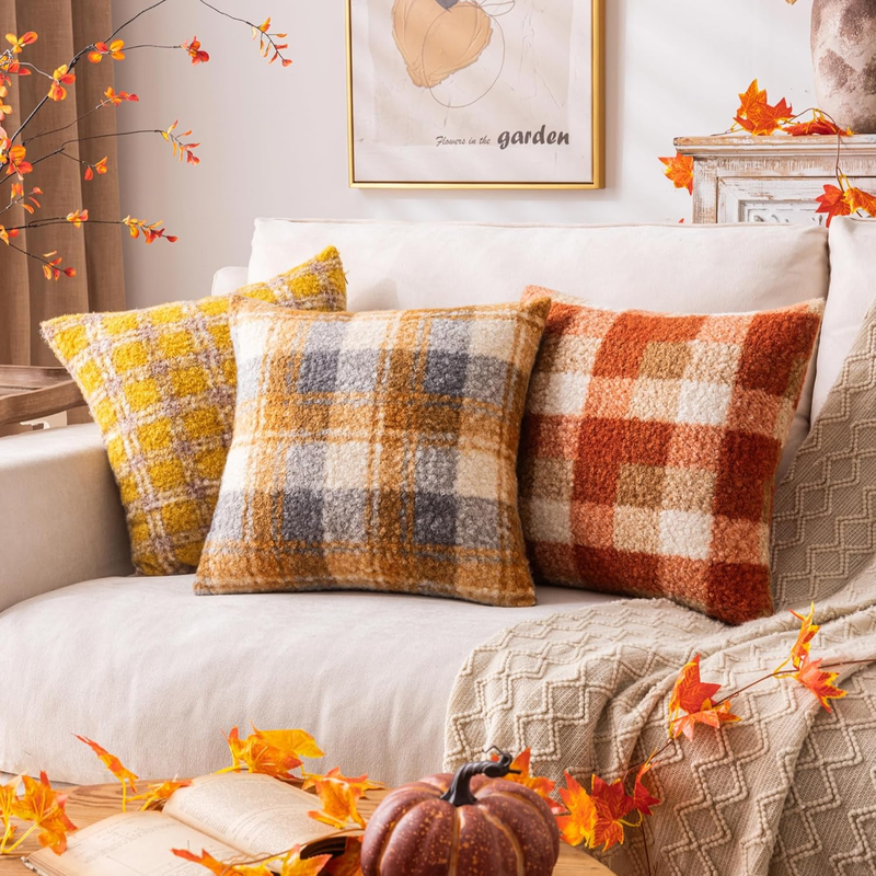 Orange Plaid Fall Throw Pillow Covers 18x18 Inch Set of 2, Boucle Decorative Pil
