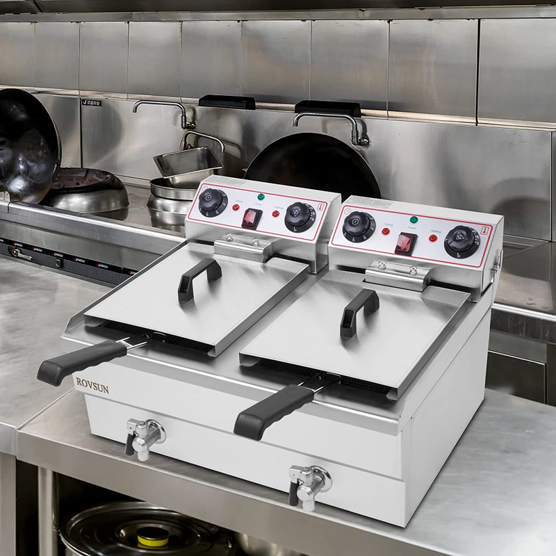 24.9QT Electric Deep Fryer W/Frying Baskets Timer Drains & Lids, Dual Tank Kitch