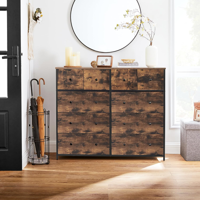 Industrial Wide Dresser, Rustic 10-Drawer Dresser Storage Tower, Metal Frame, Ru